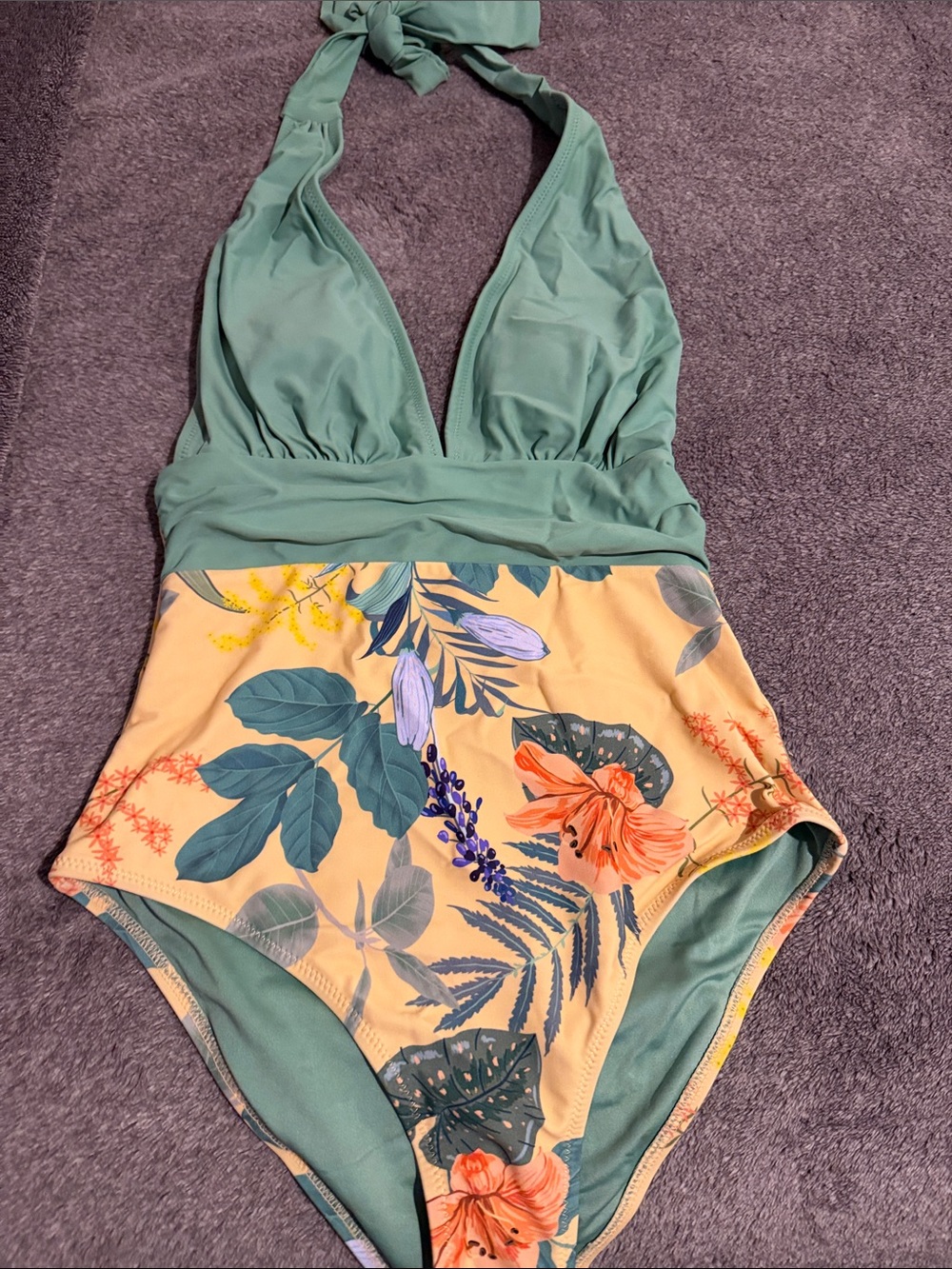 Cupshe Sage Halter One-Piece Swimsuit with Peach Floral Print